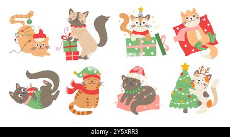 Weihnachtskatzen-Set. Niedliche lustige Katzenfiguren für Weihnachtsmotive. Vektorabbildung in abgewickelter Form Stock Vektor