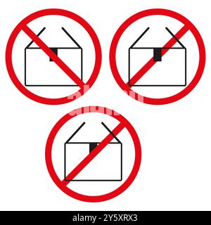 Keine Verpackungssymbole. Rote, durchgestrichene Schilder. Symbole für Versandkartons. Verbotene Vektorgrafiken. Stock Vektor