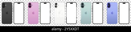 IPhone 16 Modell mit Farbsatz. Schwarz, Rosa, weiß, Petrol und Ultramarin. Smartphone-Modell auf transparentem Hintergrund Stock Vektor