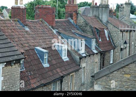 Schmale Dachfenster auf steilen Ziegeldächern von Weberhütten in Sheppard's Barton in der antiken Stadt Frome im Sommer an einem hellen Sommertag Stockfoto