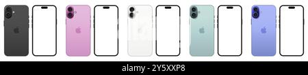 Set von iPhone 16 Mockup in allen Farben. Schwarz, Rosa, weiß, Petrol und Ultramarin. Smartphone-Modell Stock Vektor
