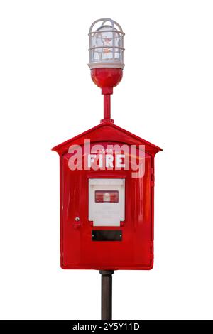 Roter Vintage Feueralarm Box mit Glühbirne am Pol isoliert auf weißem Hintergrund Stockfoto