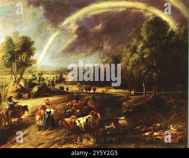 RUBENS, Pieter Pauwel (* 1577, Siegen, d. 1640, Antwerpen) Landschaft mit einem Regenbogen um 1636 Öl auf Platte Alte Pinakothek, München *** Stichwörter: ************* Autor: RUBENS, Pieter Pauwel Titel: Landschaft mit einem Regenbogen Zeitlinie: 1601-1650 Schule: Flämische Form: Malerei Typ: Landschaft Stockfoto