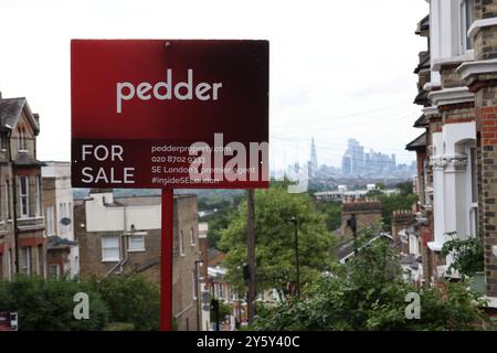 London, Großbritannien. 11. Juni 2024. Ein Foto zeigt die Skyline der Stadt und eine Reihe von Häusern in einer Wohnstraße in der Nähe von Crystal Palace im Süden Londons. Gutschrift: Stockfoto