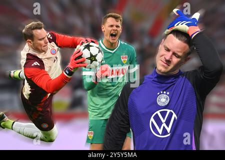 Stuttgart, Deutschland. September 2024. FOTOMONTAGE: Nach der schweren Verletzung von Torwart Marc Andre TER STEGEN (GER) ist die Torwartfrage neu entfacht: Comeback für Torwart Manuel NEUER (GER) oder Chance für Torwart Alexander NUEBEL (VFB Stuttgart)? Quelle: dpa/Alamy Live News Stockfoto