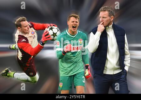 FOTOMONTAGE: Nach der schweren Verletzung von Torhüter Marc Andre TER STEGEN (GER) ist die Torwartfrage neu entfacht: Comeback für Torhüter Manuel NEUER (GER) oder Chance für Torhüter Alexander NUEBEL (VFB Stuttgart) - das ist es, was Nationaltrainer Julian NAGELSMANN (GER) entscheiden muss. Internationales Fußballspiel? Stockfoto