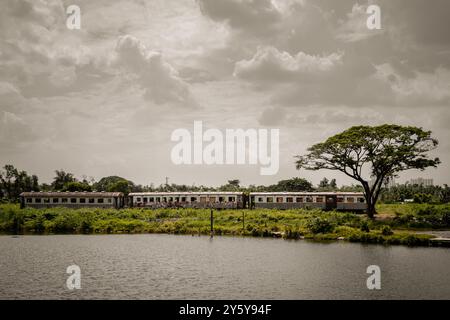 Bangkok, Thailand - Mai 28,2022 - der Blick auf den alten Eisenbahncontainer ist in Ödland und Sumpf mit Himmelshintergrund geparkt. Der leere alte, rostige Passeng Stockfoto