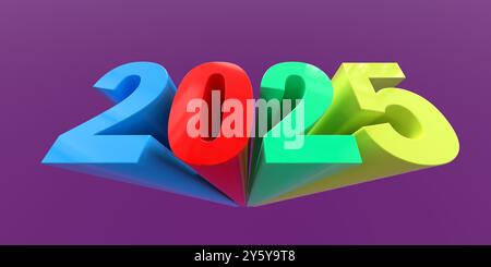 Die bunten Ziffern 2025 auf violettem Hintergrund. Weitwinkelperspektive. Happy New Year 2025 Konzept. Stockfoto