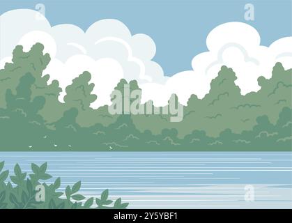 Wunderschöne Landschaft mit einem Fluss und grünen Bäumen. Sommerwald. Ruhige, friedliche Aussicht. Wolken Himmel. Illustration des Zeichentrickvektors Stock Vektor