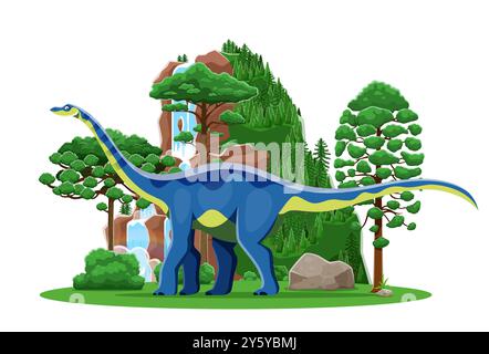 Quaesitosaurus Cartoon prähistorische Dinosaurier Figur. Isolierter Vektor farbenfroher Dino in üppiger Landschaft mit lebhaftem Grün, Bäumen und Wasserfall, der einen lebendigen und natürlichen Lebensraum für Dinosaurier darstellt Stock Vektor