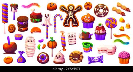 Cartoon Halloween Weihnachtssüße und Desserts für Trick or Treat Party, Vektor-Ikonen. Halloween Horror Night süße Monster Bonbons aus Skelett-Keksen, gruseligen Kürbis-Muffin-Cupcake und Geisterlutscher Stock Vektor