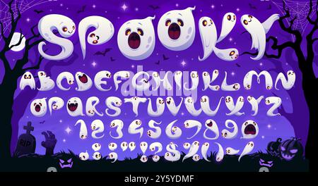 Zeichentrickschrift Halloween-Geister, gruselige Gruselschrift, Horror Evil-Schrift, Monster-Alphabet mit gespenstischen Zeichen, die Buchstaben, Zahlen und Satzzeichen bilden. Lustige und unheimliche Vektor-abc für Kinder Stock Vektor