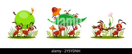 Cartoon Ameisen Tierfiguren mit Apfel, Stock und Blatt. Niedliche Insektenfamilie Vektorfiguren, braune Ameisenkolonie, die Nahrung und Baumaterialien zu Ameisenhaufen, grünem Gras, Blumen, Pilz transportiert Stock Vektor