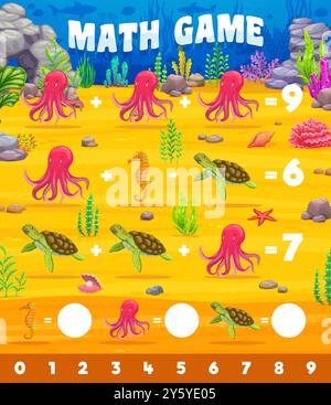 Math-Spiel-Arbeitsblatt mit Unterwassertieren wie Tintenfisch, Seepferdchen und Schildkröte. Das Rätsel von Comic-Vektor-Kindern fördert Problemlösungs- und Rechenfähigkeiten durch Additions- und Subtraktionsübungen Stock Vektor