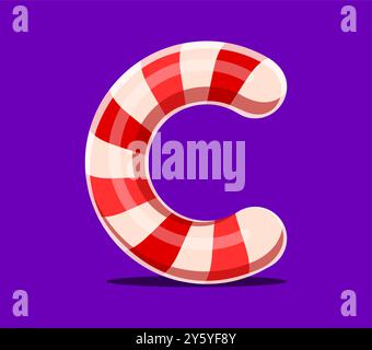 Weihnachtsschriftart, Weihnachtsbuchstabe C als Zuckerrohr für Winterfeiertage, Vektor festliche Schrift. Frohe Weihnachtsschrift des Zeichentrickbuchstaben C als Weihnachtsbonbon süßes Karamell für englisches Alphabet Stock Vektor