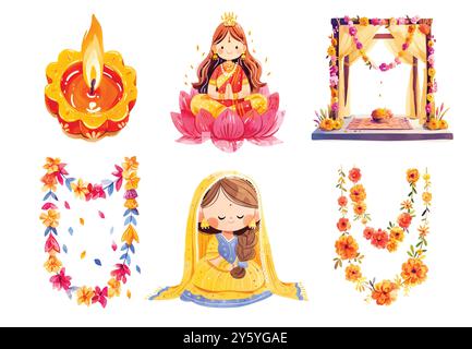Diwali Clipart-Set. Aquarellabbildung von Diwali-Symbolen und -Zeichen für Design. Ganesha, Diya, Lotus, Diwali Mithai, Süßigkeiten, ringelgirlande Stock Vektor