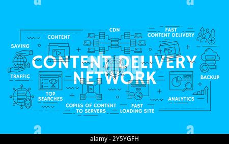 Die Infografik zur CDN-Content-Delivery-Netzwerktechnologie mit linearen Symbolen zeigt wichtige Aspekte wie schnelle Inhaltsbereitstellung, Datenübertragung, Backup, Analysen, Datenverkehrseinsparung und Zeilenzeichen für die Top-Suche Stock Vektor