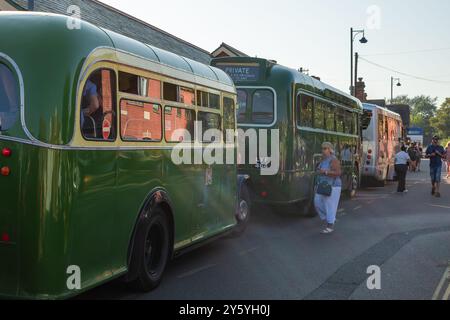 Sheringham, Norfolk, Großbritannien - 21. SEPTEMBER 2024: Grüne Oldtimer-Busse parkten am Wochenende der 1940er Jahre vor dem Bahnhof Norfolk Stockfoto