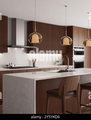 Einbaugeräte und elegante Leuchten unterstreichen das moderne Design. Stockfoto