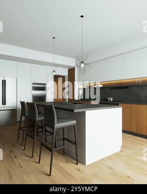 3D-Rendering einer modernen Küche mit einer kontrastierenden Kombination aus weißen, grauen und hölzernen Farben. Stockfoto