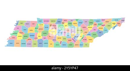 Tennessee, US-Bundesstaat, unterteilt in 95 Countys, mehrfarbige politische Karte mit Hauptstadt Nashville, Grenzen und County-Namen. Stockfoto