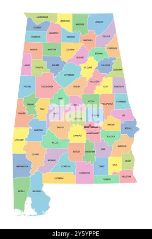 Alabama, US-Bundesstaat, unterteilt in 67 Countys, mehrfarbige politische Karte mit Hauptstadt Montgomery, Grenzen und County-Namen. Stockfoto