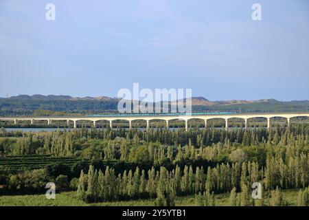 Die lange Brücke Viaduc Double Ferroviaire über die Rhone für TGV-Züge in der Nähe von Avignon in der Provence, Frankreich Stockfoto