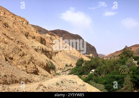 Die Berglandschaft rund um die heißen Quellen von Ma'in in Jordanien (Bergwasserfälle mit heißem Wasser und Dampf) Stockfoto