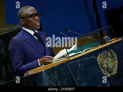 New York, Usa. September 2024. Der Vizepräsident von Äquatorialguinea Teodoro Nguema Obiang Mangue spricht auf dem "Gipfel der Zukunft" während der 79. Tagung der UN-Generalversammlung am Montag, den 23. September 2024, in der Halle der UN-Generalversammlung im Hauptquartier der Vereinten Nationen. Foto: Peter Foley/UPI Credit: UPI/Alamy Live News Stockfoto