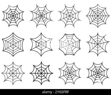 Spider Web-Symbole. Satz Spinnennetz. Halloween Spinnennetz. Gruselige Elemente zur Dekoration. Vektorabbildung. Stock Vektor
