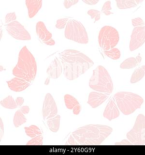 Zarte rosafarbene Schmetterlinge fliegen mit Flügeln in Form einer Umkehrung der Silhouette mit Mustern. Von Hand gezeichnete grafische Strichgrafik. Nahtlose Vektorfunktionen Stock Vektor