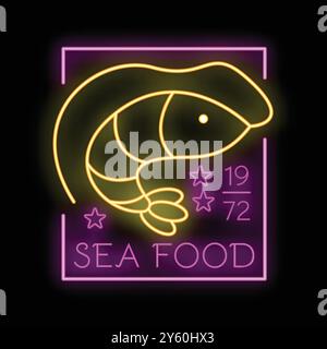 Neonschild mit Garnelenzeichnung in einem quadratischen Rahmen mit dem Text Seafood für ein Restaurantmenü oder eine Werbung Stock Vektor