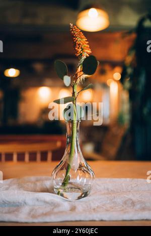 Minimalistisches Blumenarrangement mit Obst und Bettwäsche auf einem Holztisch Stockfoto
