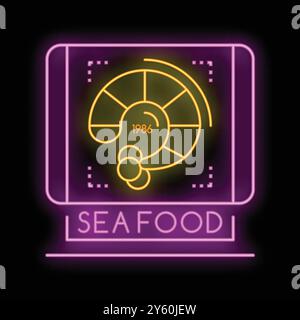 Seafood Restaurant seit 1986 Neon-Schild mit Garnelen-Symbol Stock Vektor