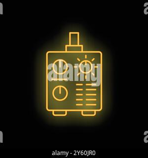 Gelb leuchtendes Neonsymbol einer Inverter-Schweißmaschine mit Bedienfeld, Knöpfen und Display Stock Vektor