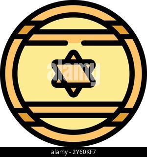 Runder Knopf mit der Flagge israels, mit weißem Hintergrund und zwei blauen Streifen, die einen goldenen Stern davids umrahmen Stock Vektor