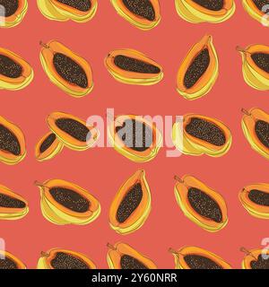 Nahtloses Papaya-Muster. Farbenfroher Hintergrund. Lebensmitteldruck ideal zum Bedrucken von Stoffen, Geschenkpapier und Tapeten Stock Vektor