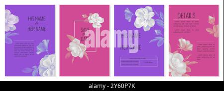 Blumenkarten. Hochzeitseinladung. Blumenfrühling. Begrüßungsplakat oder einfaches Cover mit Blumenstrauß. Hagebuttenzweig. Feierliche Veranstaltung. Botanische Rahmen. Vektor Jahrestag Postkarten Set Stock Vektor