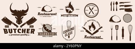 Grill-Logo. BBQ-Symbol. Küchen-Etikett. Metzgermesser und Gabel. Essen im Restaurant. Koch kocht Steak. Metzgerei. Silhouette Hotdog. Kulinarischer Kurs. Küchenutensilien. Fleisch Bar Embleme Vektor Set Stock Vektor