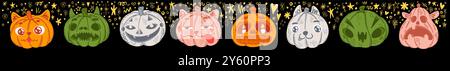 Niedliche halloween Kürbisse. Fröhliche oktober-Figur, lustiges Gespenst- oder Totenschädel-Monster-Kostüm, lustig und unheimlich. Isolierte dekorative Kollektion. Gruseliges Erntegemüse. Vektor Herbst Urlaub Design Stock Vektor