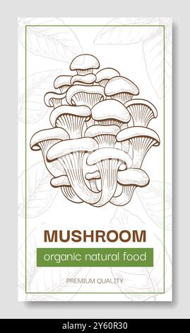 Bio-Naturkost. Poster mit Honigpilzen. Verpackungsdesign. Skizzenstil mit Waldgemüse. Handgezeichnete botanische Karten. Vertikales Kochfeld. Hochwertige Zutat. Vektorabbildung Stock Vektor