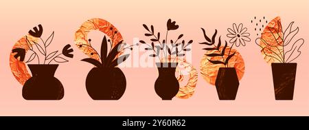 Vasen-Silhouetten. Blumen und Blätter. Abstrakter goldener, strukturierter geometrischer Hintergrund. Heimpflanzen. Sommersträuße im Innenraum, natürliche Boho-Wandbilder. Dekorativer Blumentopf. Minimaler Vektorsatz Stock Vektor