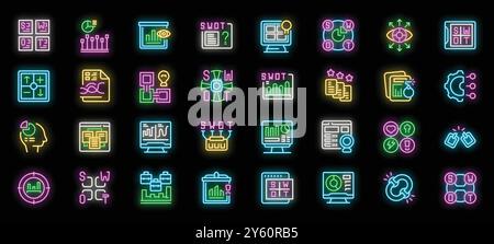 SWOT-Analyse Neonsymbole legen den Vektor fest. Geschäftsplanung und Marktforschung, Beispiele für Chancen und Bedrohungen, Schwächen und Stärken Stock Vektor