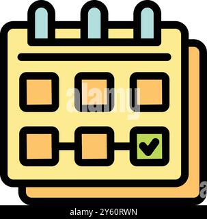 Farbenfroher Zeichentrickkalender, in dem die Tage am letzten Tag mit einem Häkchen verlaufen Stock Vektor