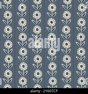 Blauer Gänseblümchenvektor nahtloser Musterhintergrund. Geometrischer vertikaler floraler Hintergrund mit Blumen und dünnen Streifen, botanische Wiederholung für Garten Stock Vektor