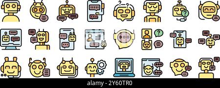 Chatbot bietet Avatare und Sprechblasen, die den KI-Kundensupport in einer Reihe moderner Symbole darstellen Stock Vektor