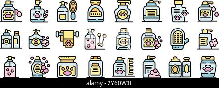 Symbolsatz für Cat-Grooming-Produkte. Kontursatz von Katzenpflegeprodukten Vektorsymbole für Webdesign isoliert auf weißem Hintergrund Stock Vektor