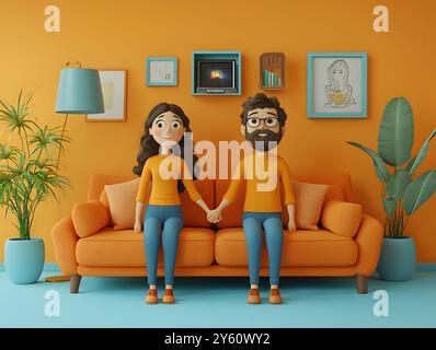 Ein fröhliches Cartoon-Paar genießt einen Filmabend auf einem gemütlichen orangen Sofa in ihrem lebhaften Wohnzimmer, umgeben von Pflanzen und verspielter Einrichtung. Stockfoto