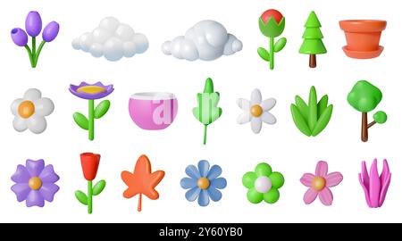 3D Blumen. Sommer, Frühlingsblätter, Baumblätter auf grünen Feldkräutern. Gartenabdeckung mit Blumenmuster, farbiges Poster. Wolken und Tulpen, Kamille und Blumentopf. Y2K-Aufkleber. Vektor-Zeichentrick-Illustration Stock Vektor