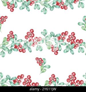 Gruppen von roten Beeren und grünen Blättern in einem nahtlosen horizontalen Muster. Preiselbeere oder Preiselbeere Clipart. Dieses Aquarelldesign eignet sich perfekt für Urlaubsprodukte, Textilien oder Geschenkpapier Stockfoto